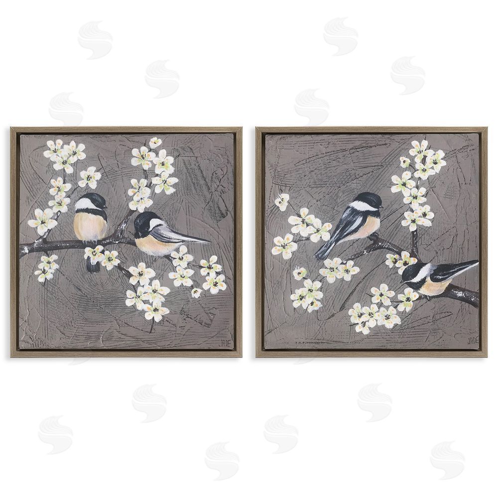 Jade Reynolds Chickadee Birds Flowering Branch Brown Floating Frame Canvas Wall Art Print