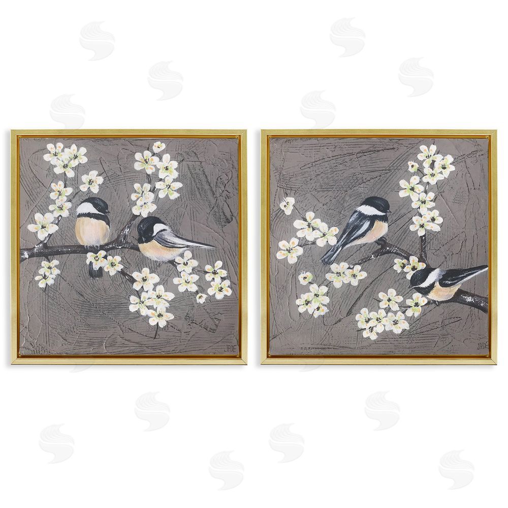 Jade Reynolds Chickadee Birds Flowering Branch Gold Floating Frame Canvas Wall Art Print