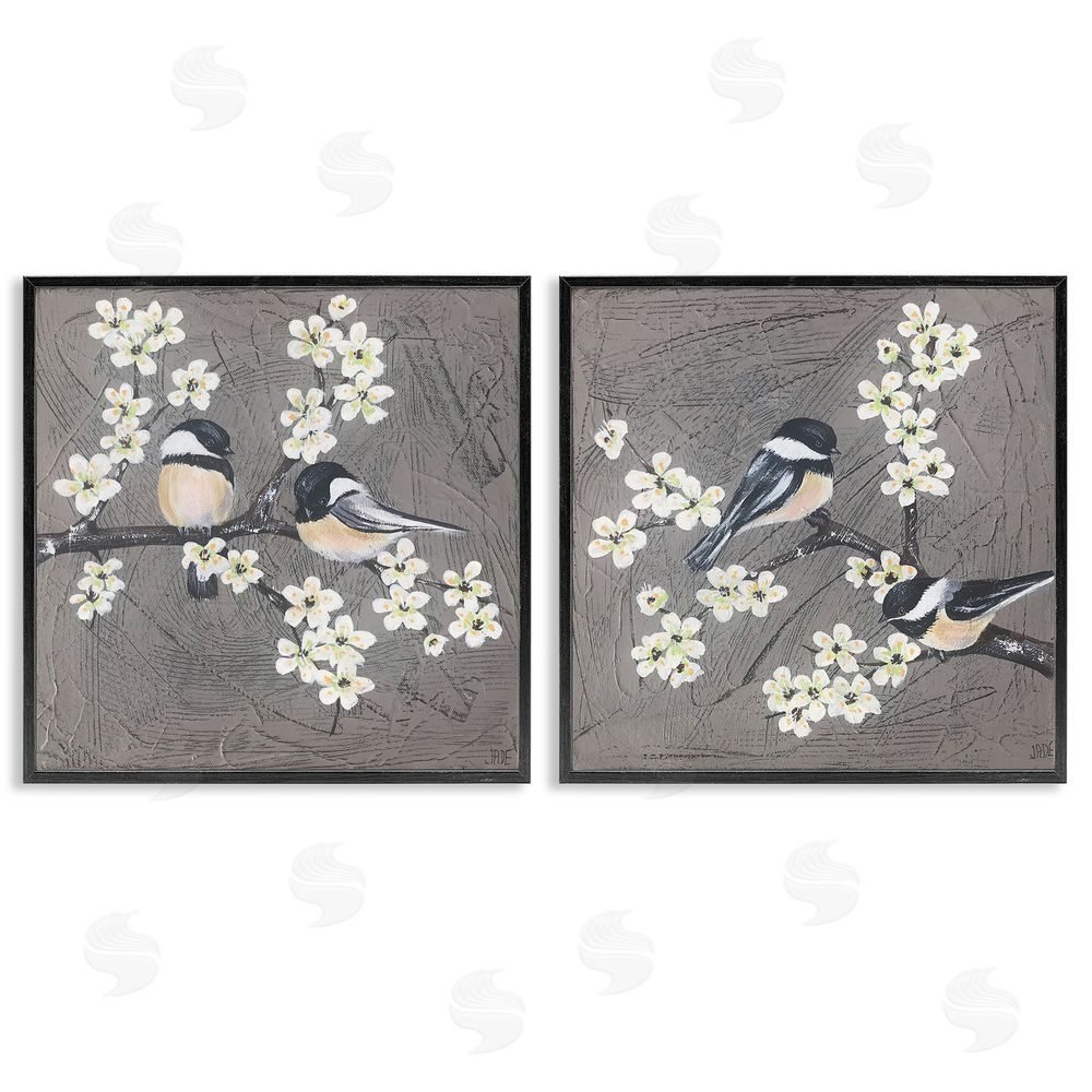 Jade Reynolds Chickadee Birds Flowering Branch Black Framed Giclee Wall Art Print