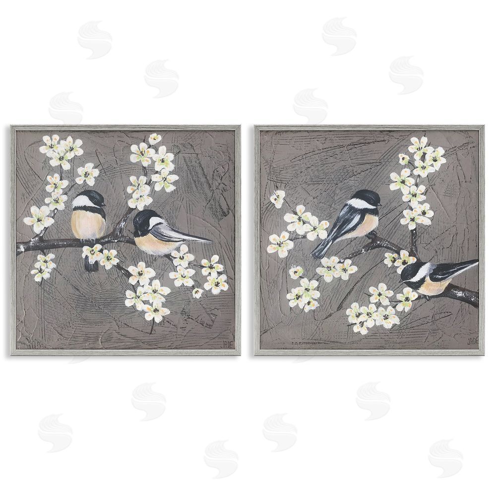Jade Reynolds Chickadee Birds Flowering Branch Gray Framed Giclee Wall Art Print