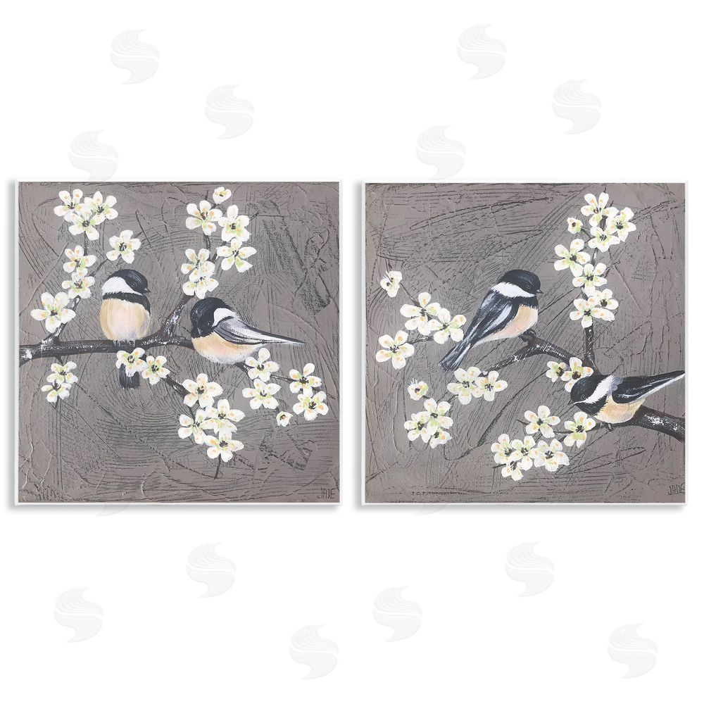 Jade Reynolds Chickadee Birds Flowering Branch Wooden Wall Plaque Art Print