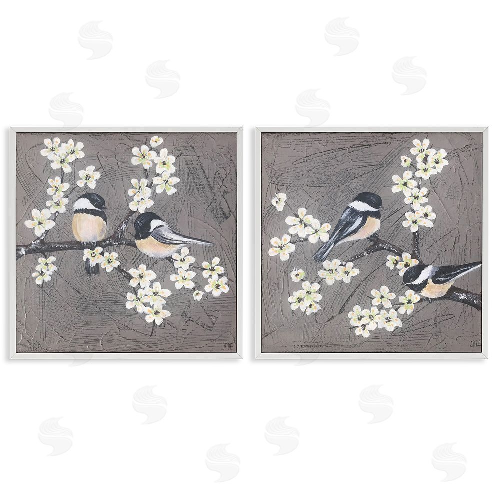 Jade Reynolds Chickadee Birds Flowering Branch White Framed Giclee Wall Art Print