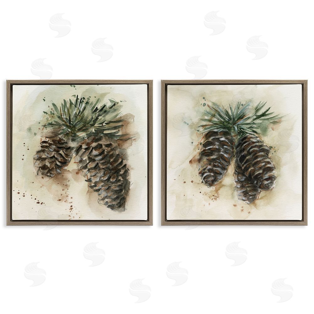 Ethan Harper Watercolor Drawing Pine Cones  Brown Floating Frame Canvas Wall Art Print