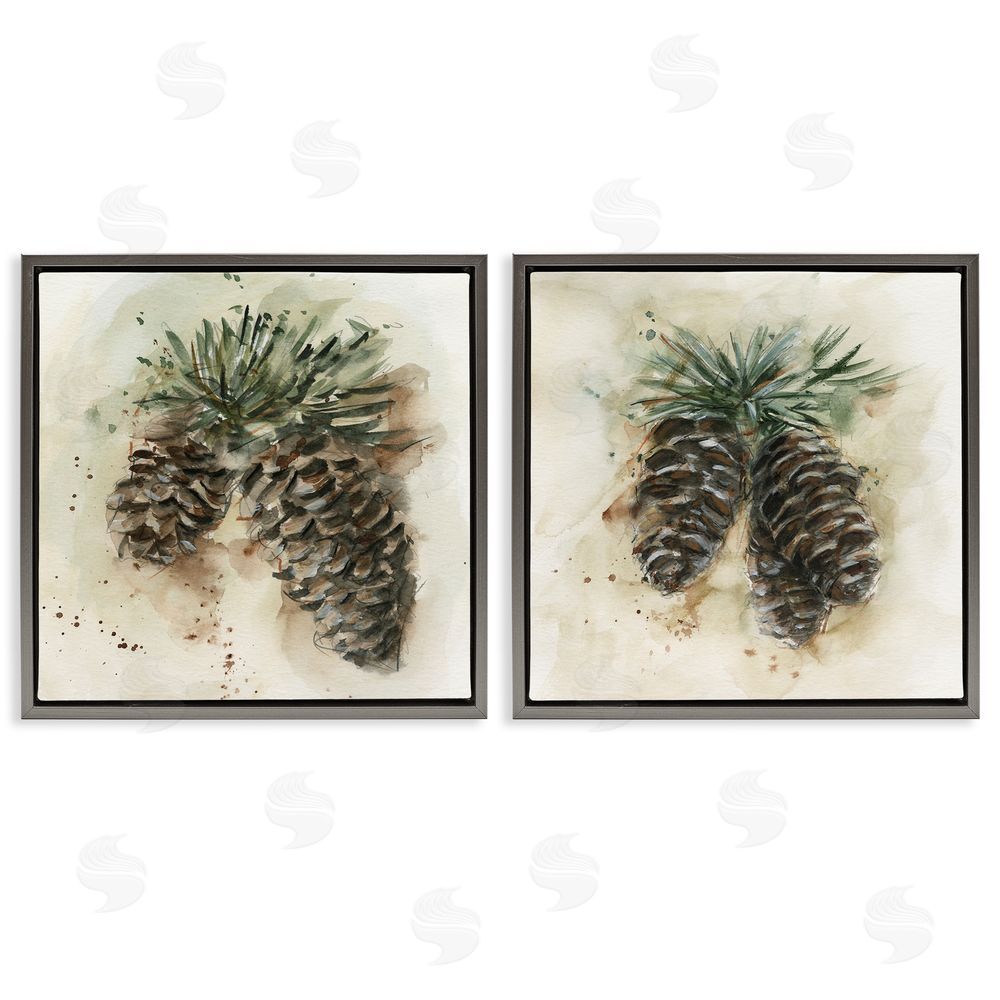 Ethan Harper Watercolor Drawing Pine Cones  Gray Floating Frame Canvas Wall Art Print