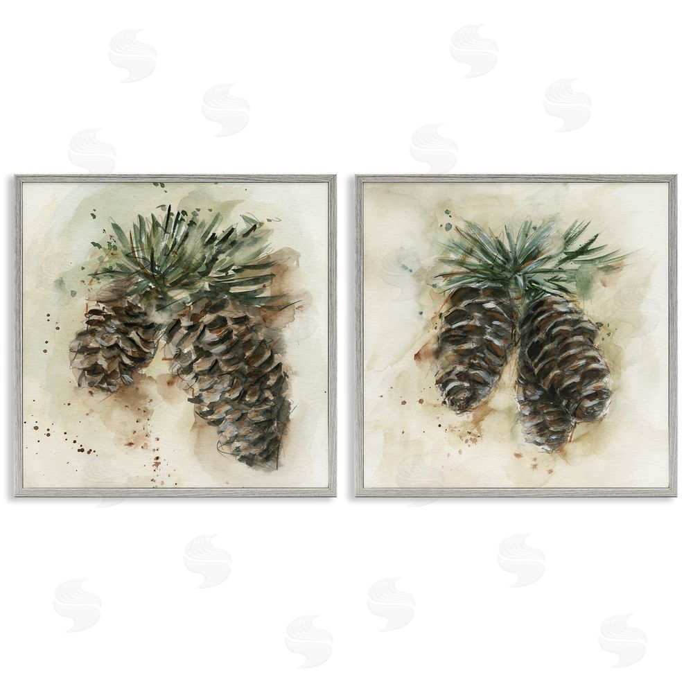 Ethan Harper Watercolor Drawing Pine Cones  Gray Framed Giclee Wall Art Print
