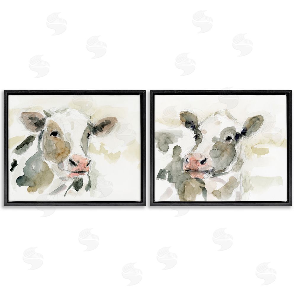 Victoria Barnes Watercolor Holstein Farm Cows  Black Floating Frame Canvas Wall Art Print