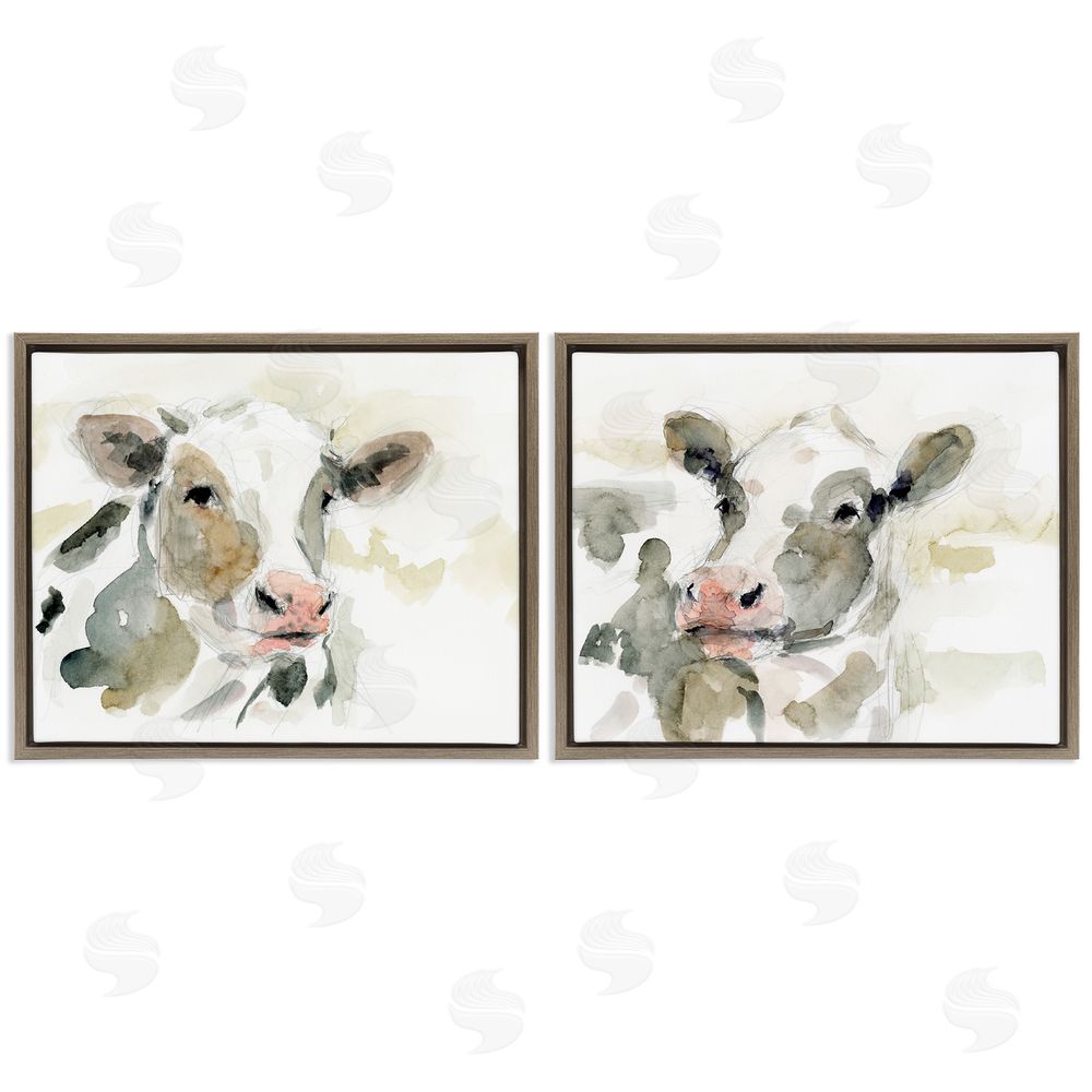 Victoria Barnes Watercolor Holstein Farm Cows  Brown Floating Frame Canvas Wall Art Print