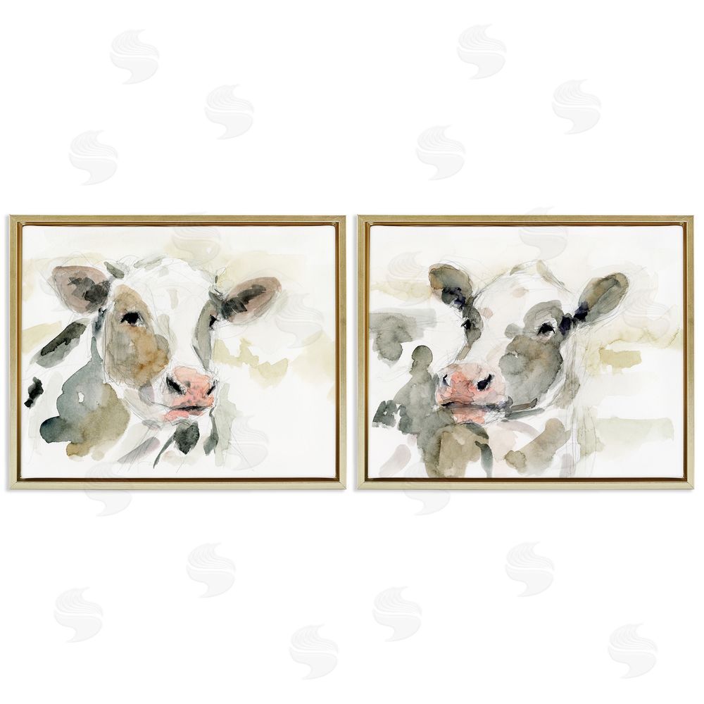 Victoria Barnes Watercolor Holstein Farm Cows  Gold Floating Frame Canvas Wall Art Print
