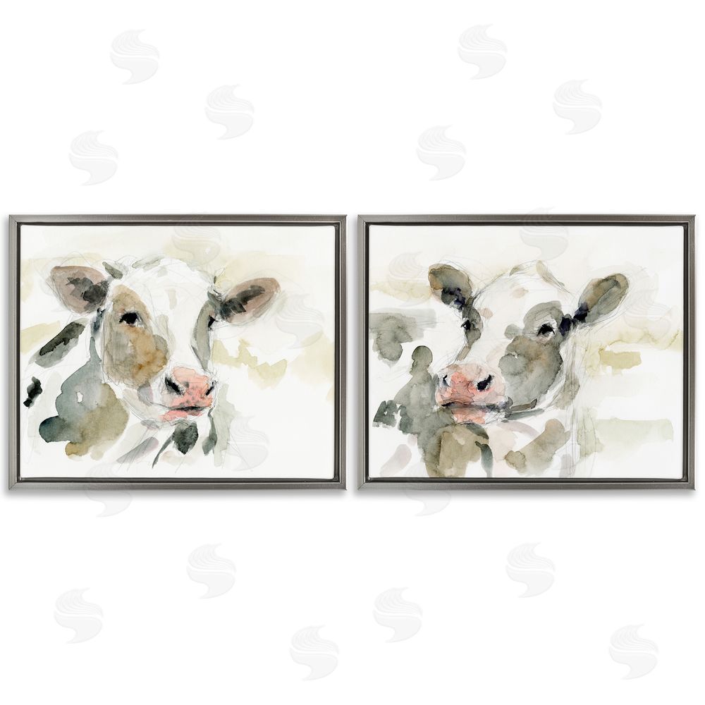 Victoria Barnes Watercolor Holstein Farm Cows  Gray Floating Frame Canvas Wall Art Print