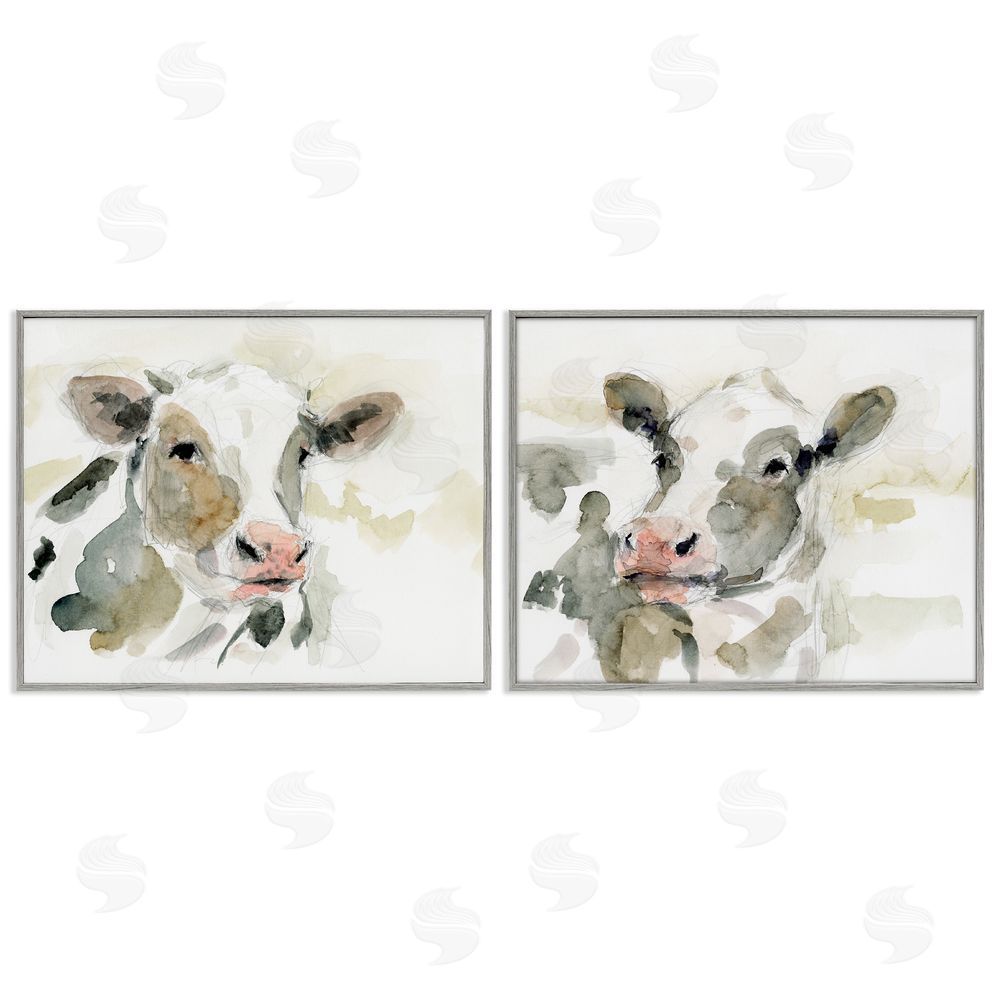 Victoria Barnes Watercolor Holstein Farm Cows  Gray Framed Giclee Wall Art Print