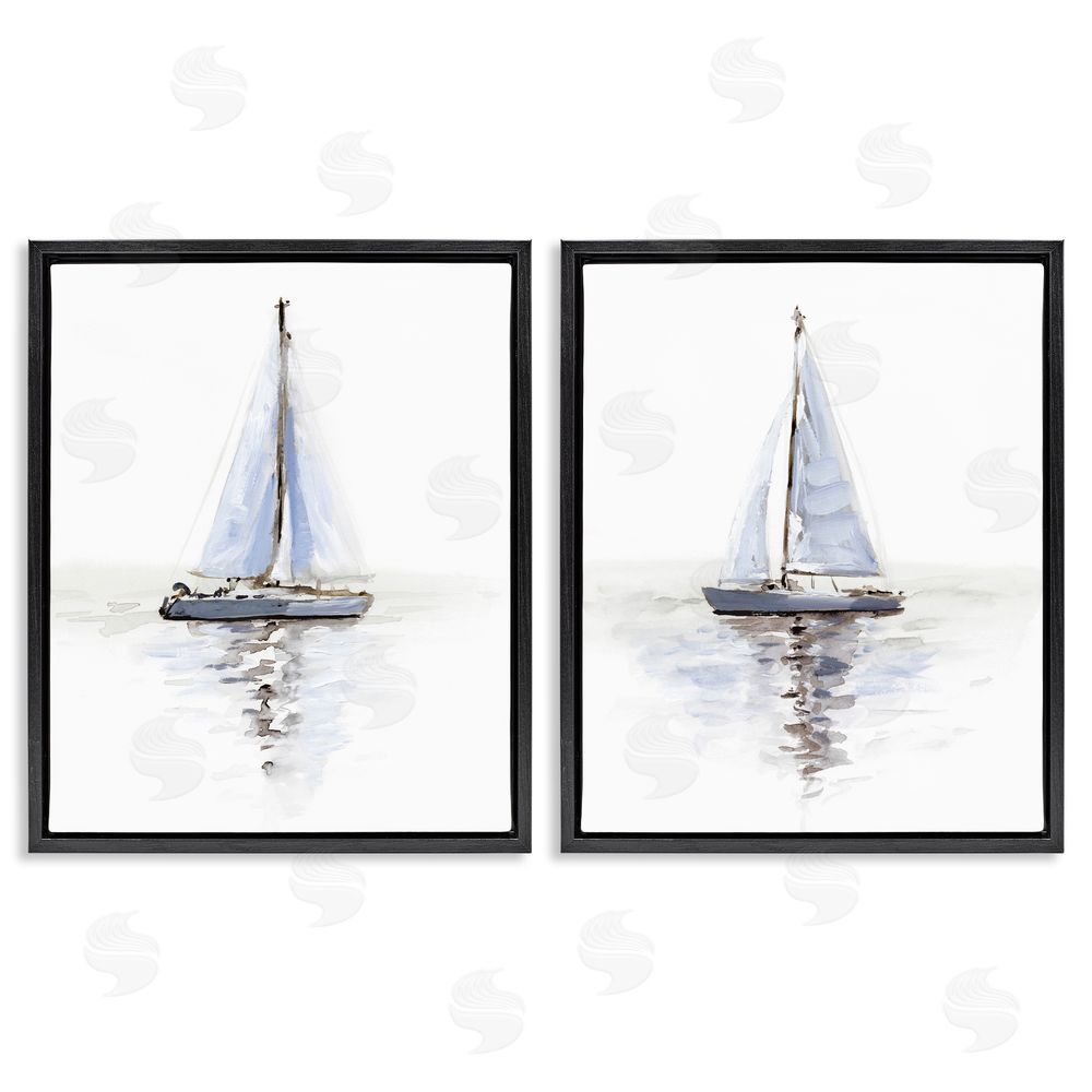 Victoria Barnes Watercolor Sailboat Calm Water  Black Floating Frame Canvas Wall Art Print