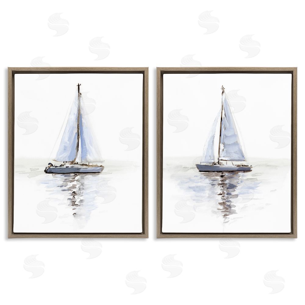 Victoria Barnes Watercolor Sailboat Calm Water  Brown Floating Frame Canvas Wall Art Print