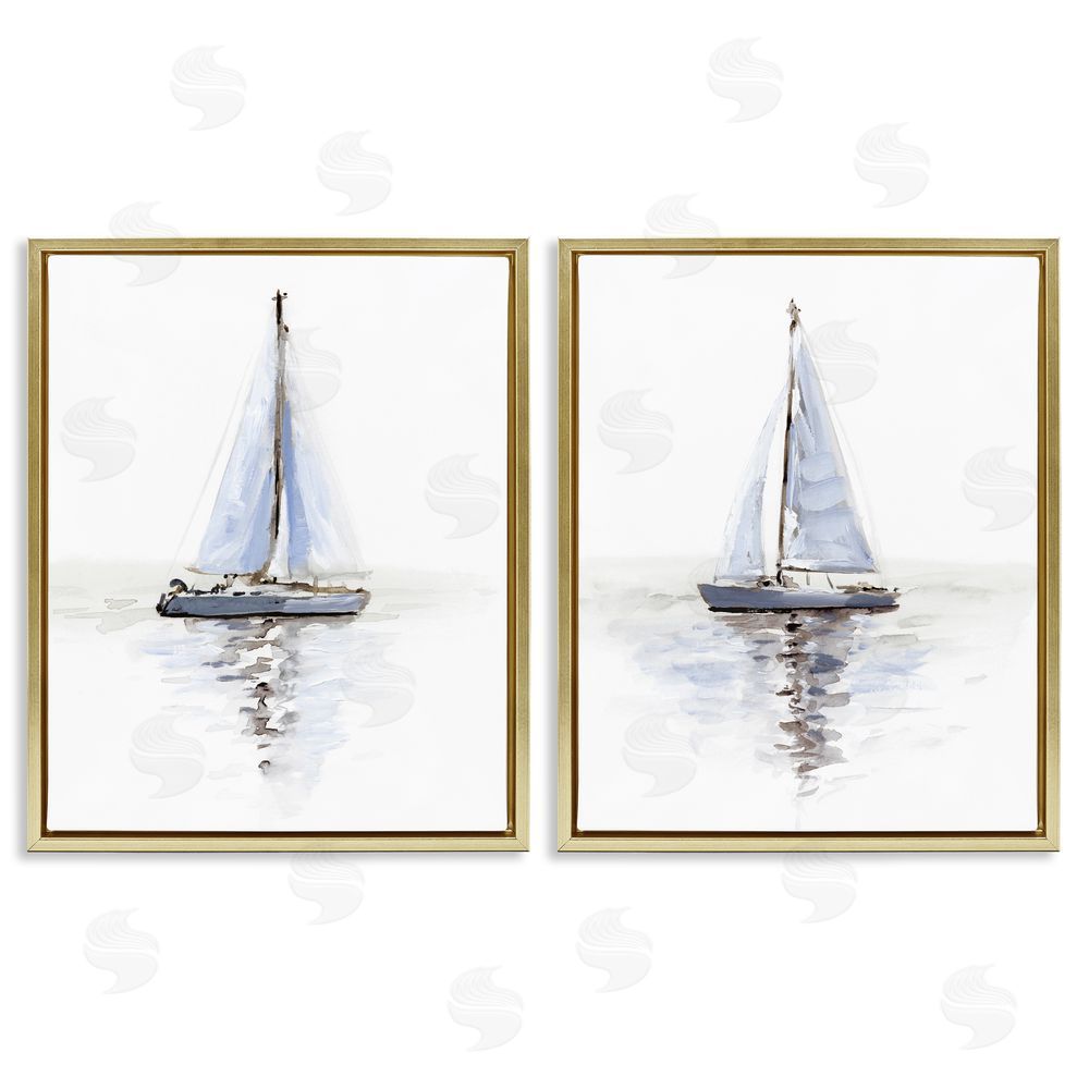 Victoria Barnes Watercolor Sailboat Calm Water  Gold Floating Frame Canvas Wall Art Print