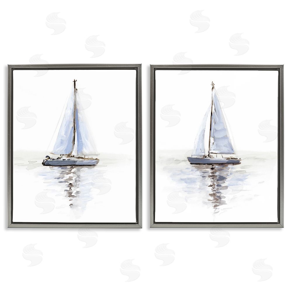 Victoria Barnes Watercolor Sailboat Calm Water  Gray Floating Frame Canvas Wall Art Print