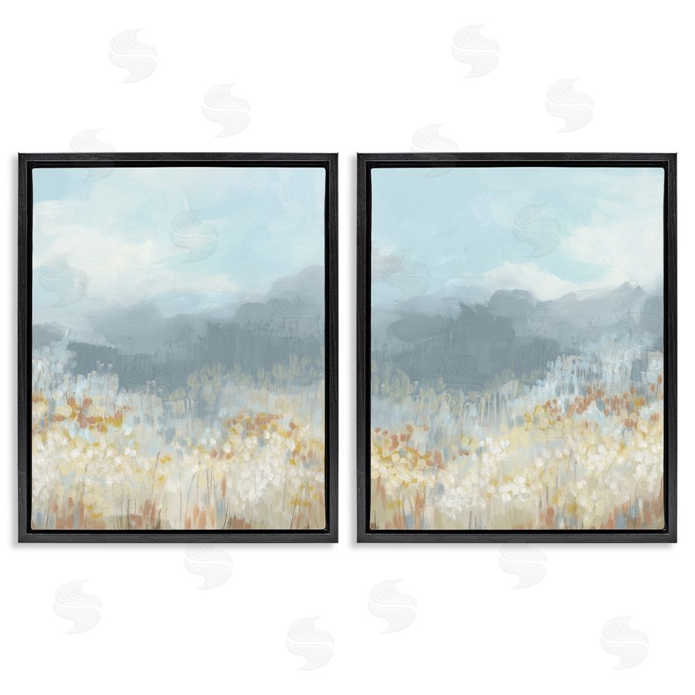 June Erica Vess White Flower Field Mountains Black Floating Frame Canvas Wall Art Print