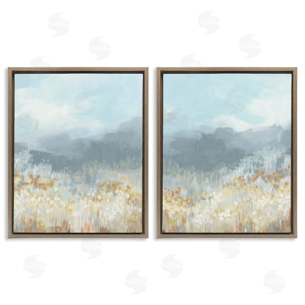 June Erica Vess White Flower Field Mountains Brown Floating Frame Canvas Wall Art Print
