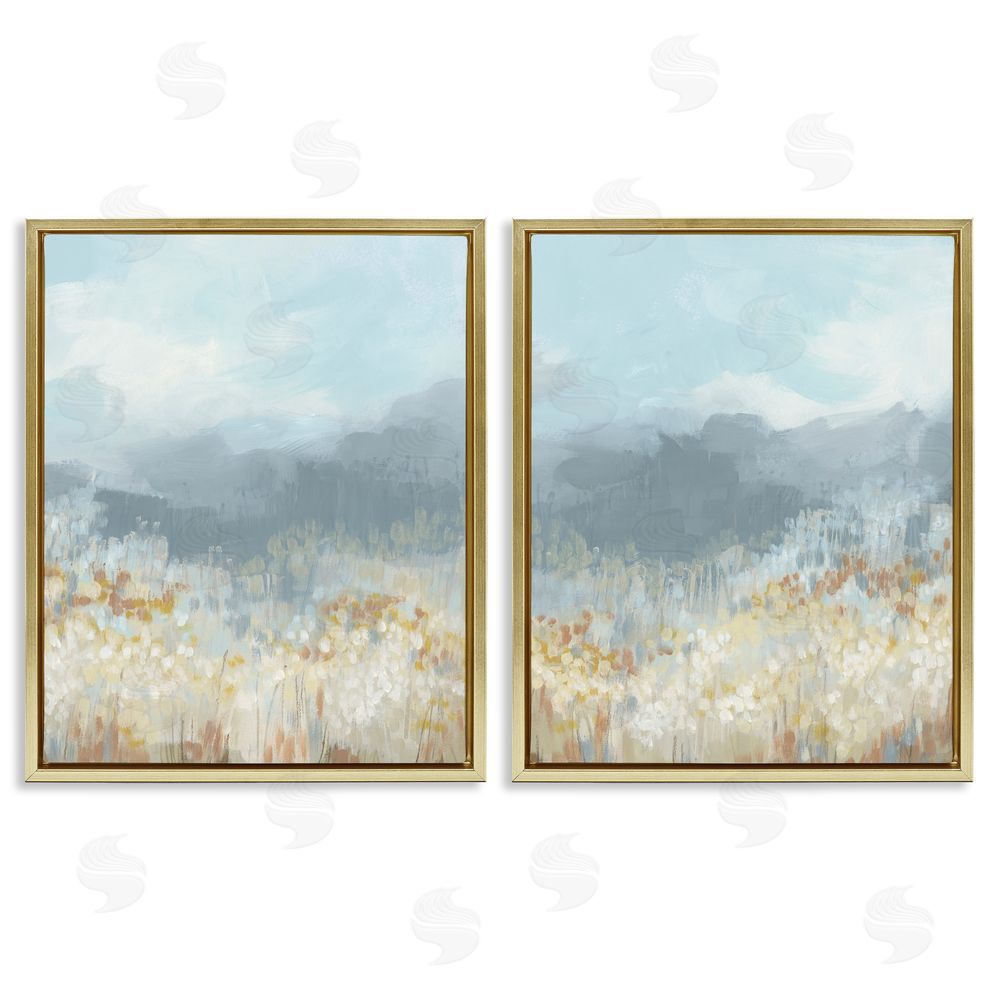 June Erica Vess White Flower Field Mountains Gold Floating Frame Canvas Wall Art Print
