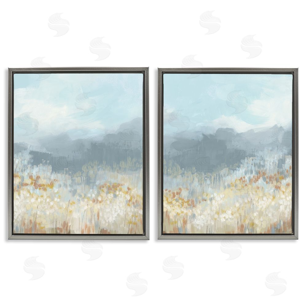 June Erica Vess White Flower Field Mountains Gray Floating Frame Canvas Wall Art Print