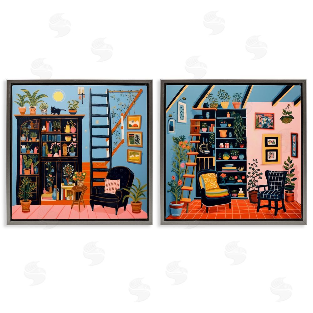 Lazar Studio Cozy Decorated Reading Nook  Gray Floating Frame Canvas Wall Art Print