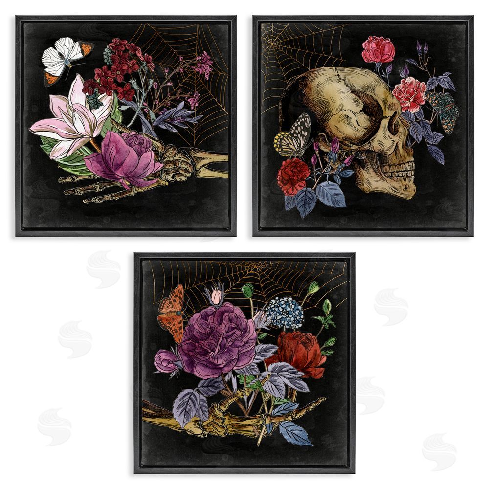 Melissa Wang Skull & Bones Floral Drawing Designs Black Floating Frame Canvas Wall Art Print