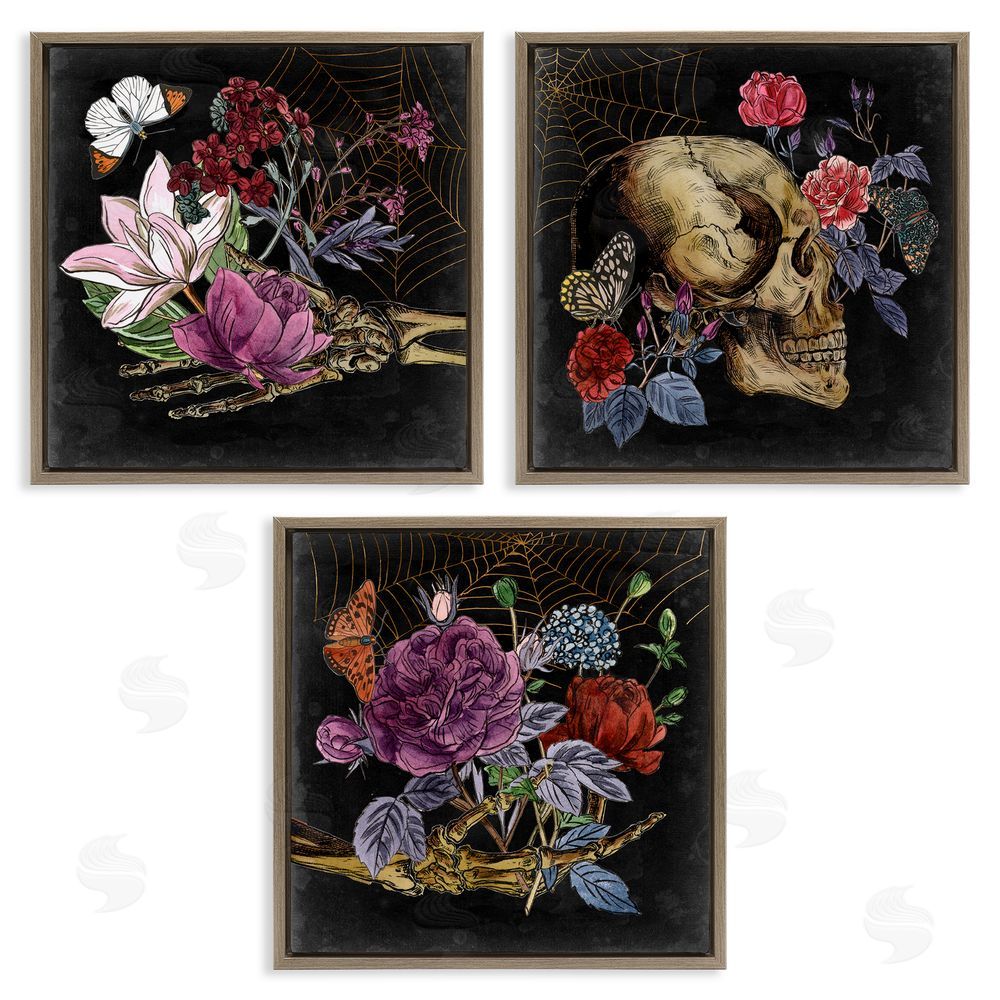 Melissa Wang Skull & Bones Floral Drawing Designs Brown Floating Frame Canvas Wall Art Print