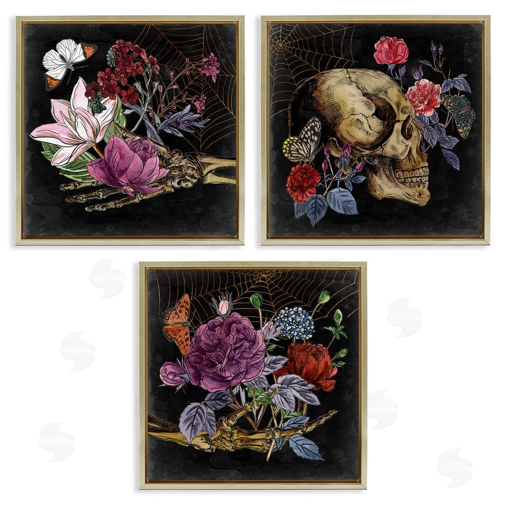 Melissa Wang Skull & Bones Floral Drawing Designs Gold Floating Frame Canvas Wall Art Print