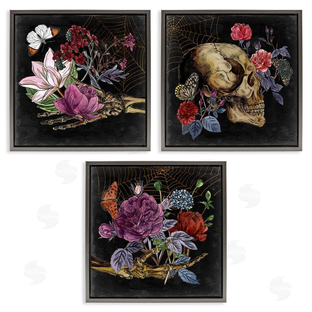 Melissa Wang Skull & Bones Floral Drawing Designs Gray Floating Frame Canvas Wall Art Print