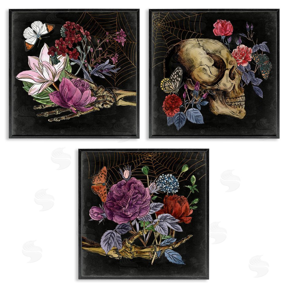 Melissa Wang Skull & Bones Floral Drawing Designs Black Framed Giclee Wall Art Print