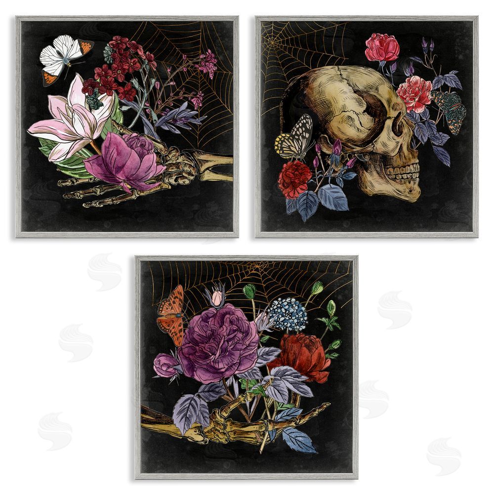 Melissa Wang Skull & Bones Floral Drawing Designs Gray Framed Giclee Wall Art Print