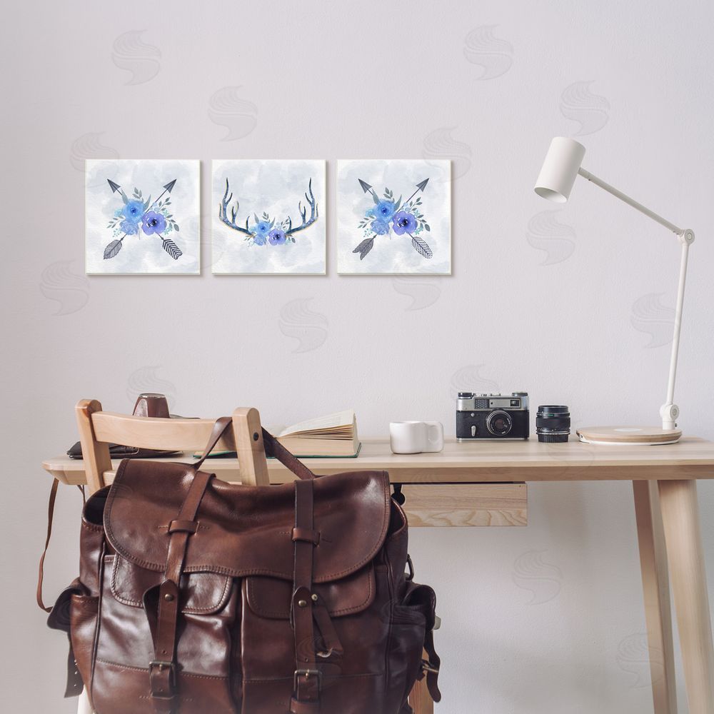 Ziwei Li Watercolor Blue Flowers Antler & Arrow Canvas Wall Art Print in Room