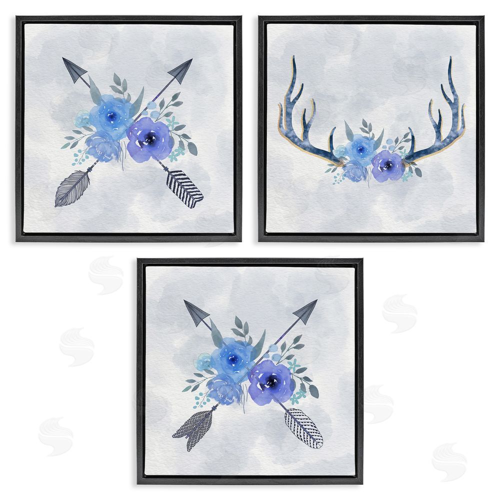 Ziwei Li Watercolor Blue Flowers Antler & Arrow Black Floating Frame Canvas Wall Art Print