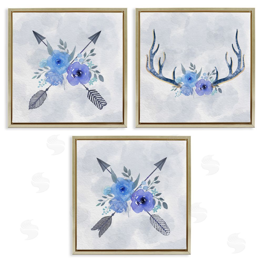 Ziwei Li Watercolor Blue Flowers Antler & Arrow Gold Floating Frame Canvas Wall Art Print