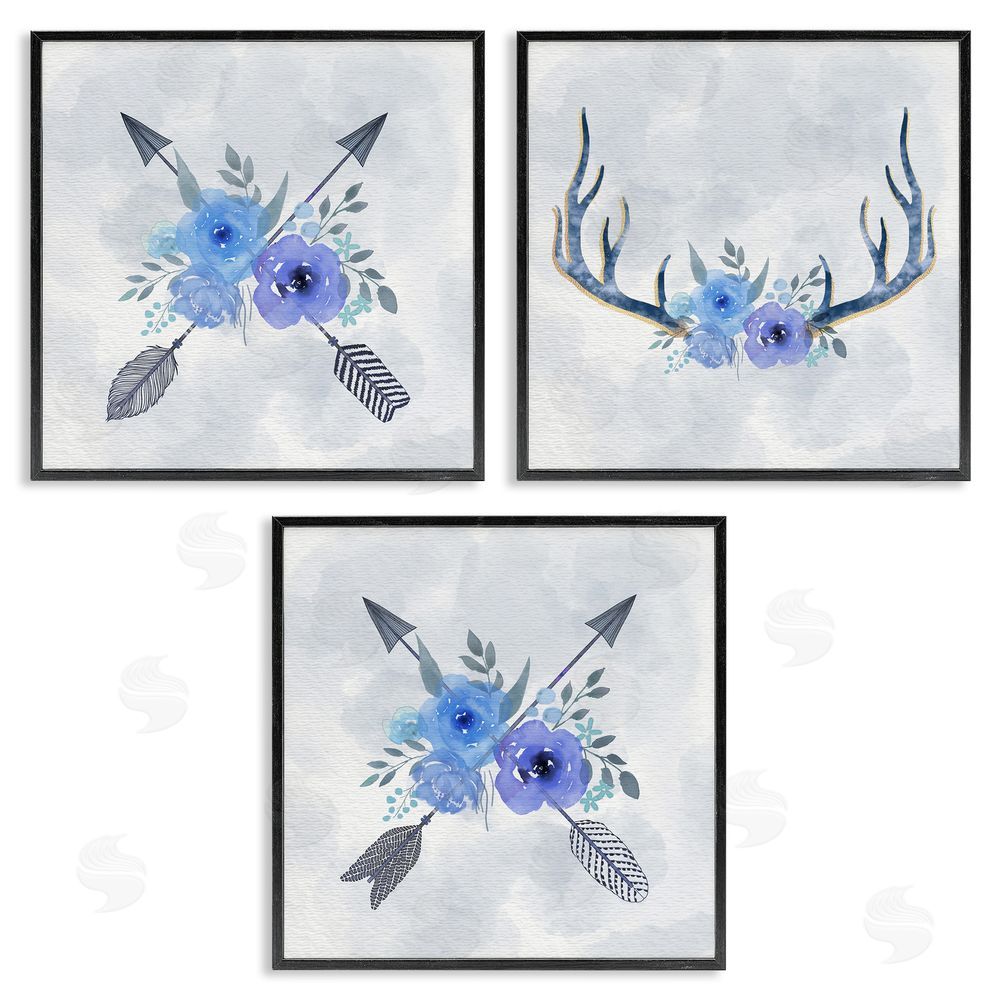 Ziwei Li Watercolor Blue Flowers Antler & Arrow Black Framed Giclee Wall Art Print