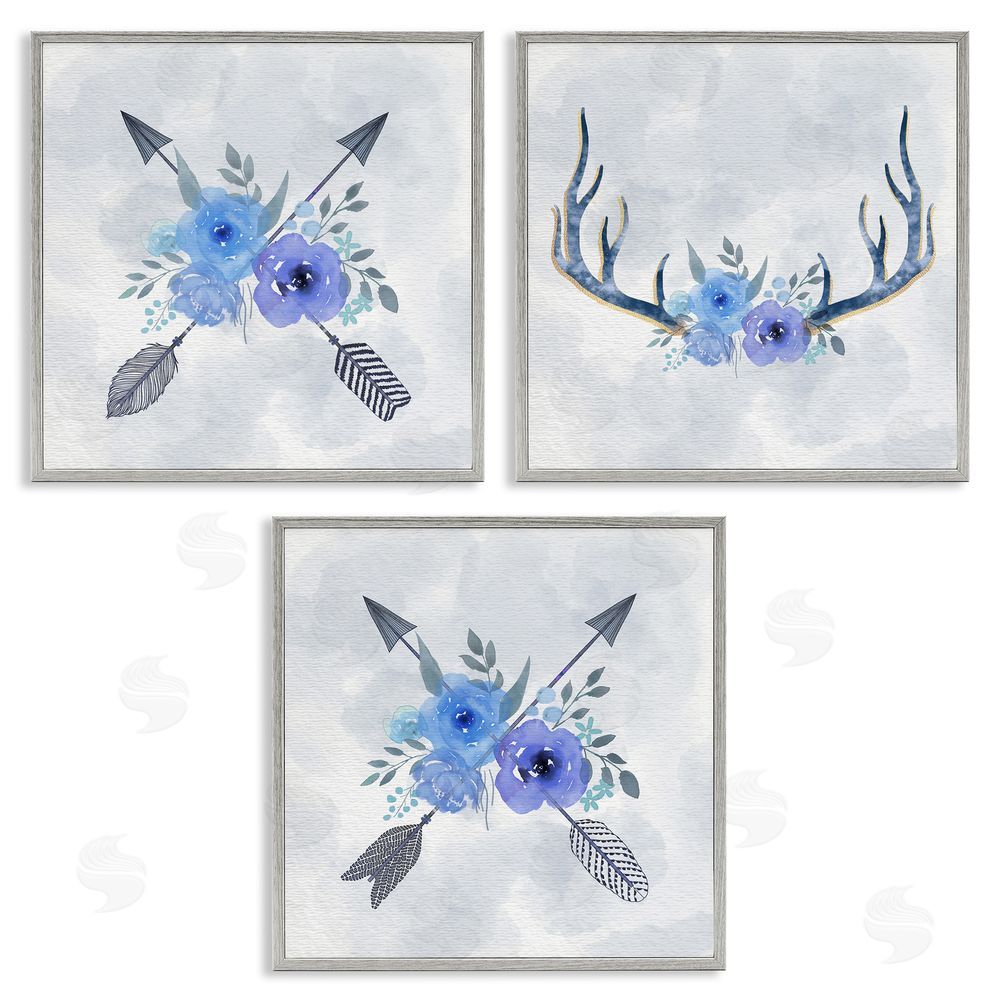 Ziwei Li Watercolor Blue Flowers Antler & Arrow Gray Framed Giclee Wall Art Print