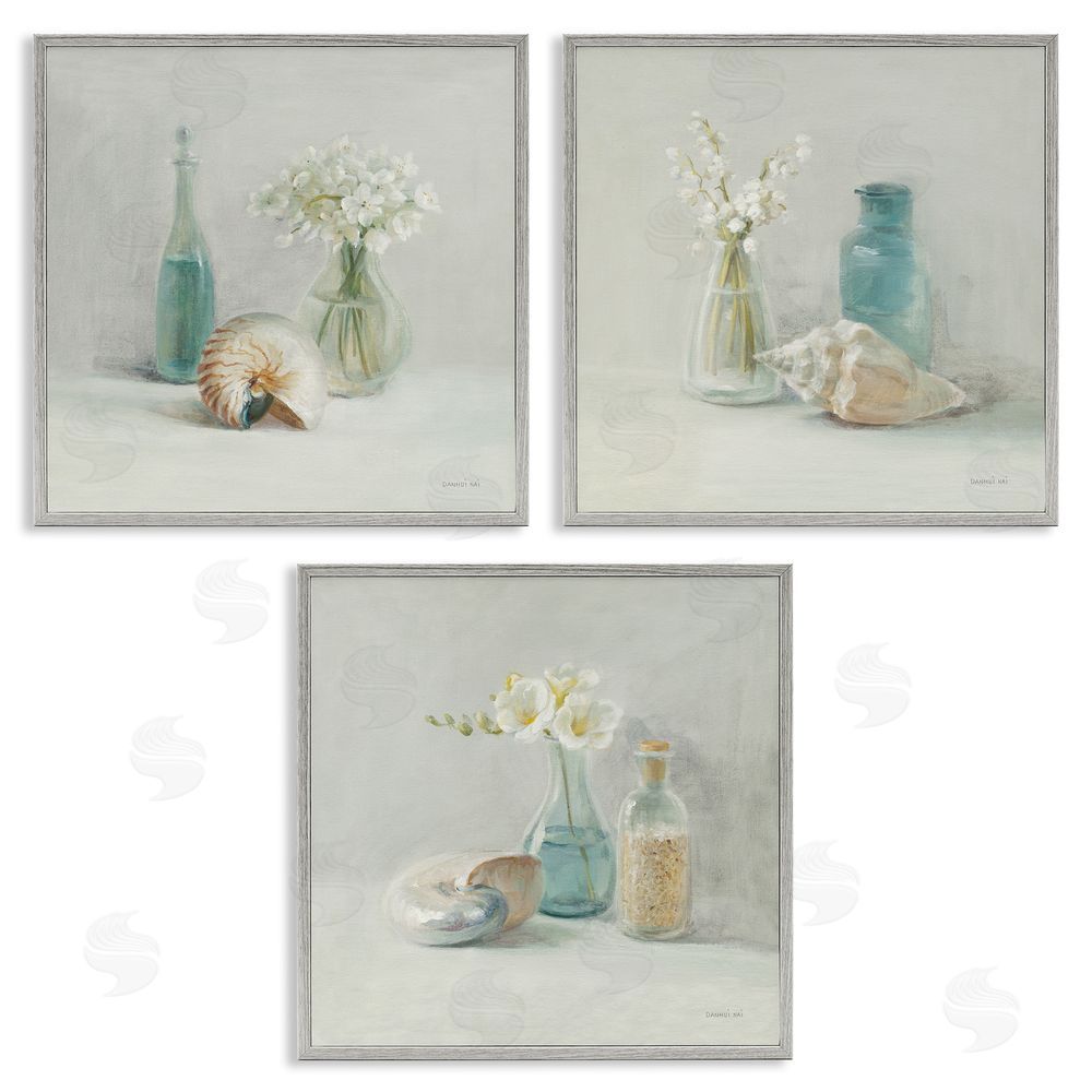 Danhui Nai Nautical Shells & Florals Soft Jars Still Life Gray Framed Giclee Wall Art Print