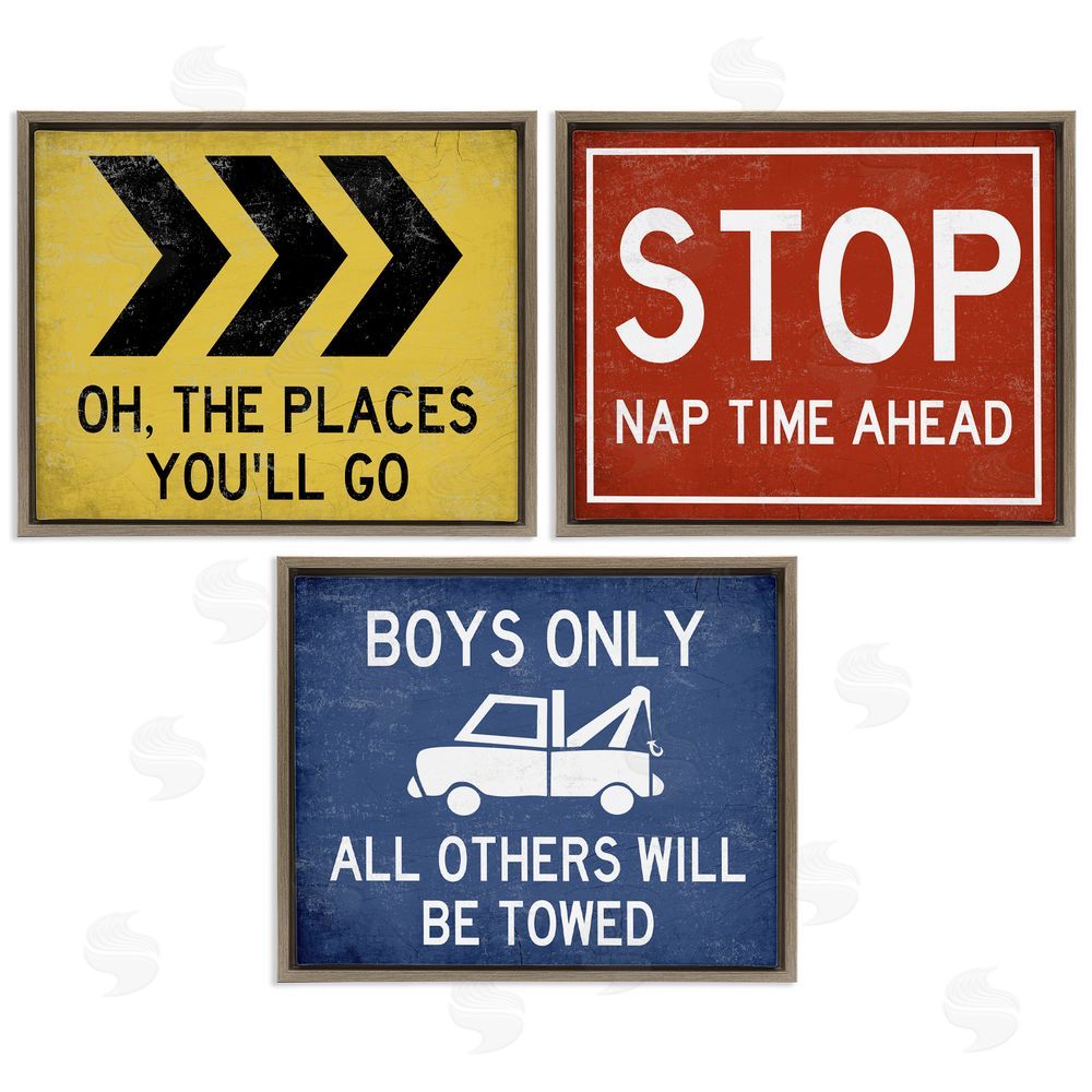 Stupell Studio Distressed Transportation Street Signs Brown Floating Frame Canvas Wall Art Print