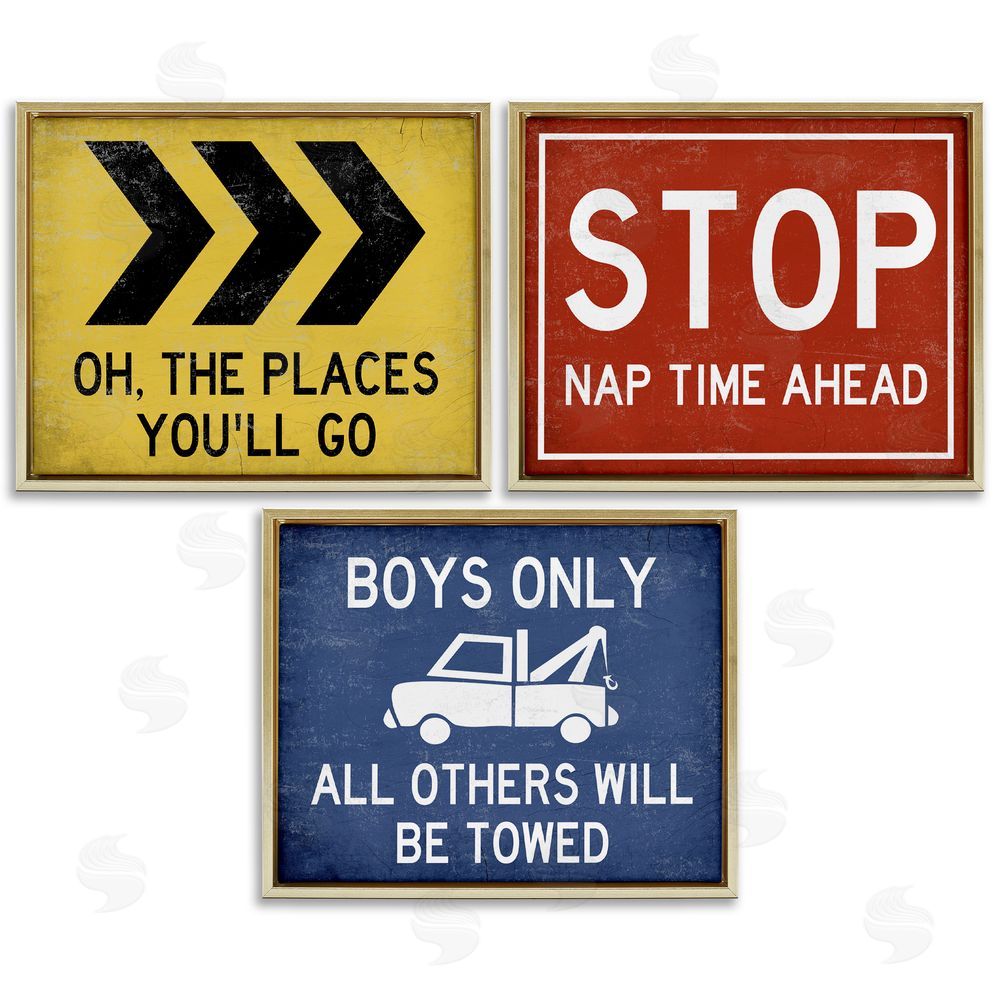 Stupell Studio Distressed Transportation Street Signs Gold Floating Frame Canvas Wall Art Print