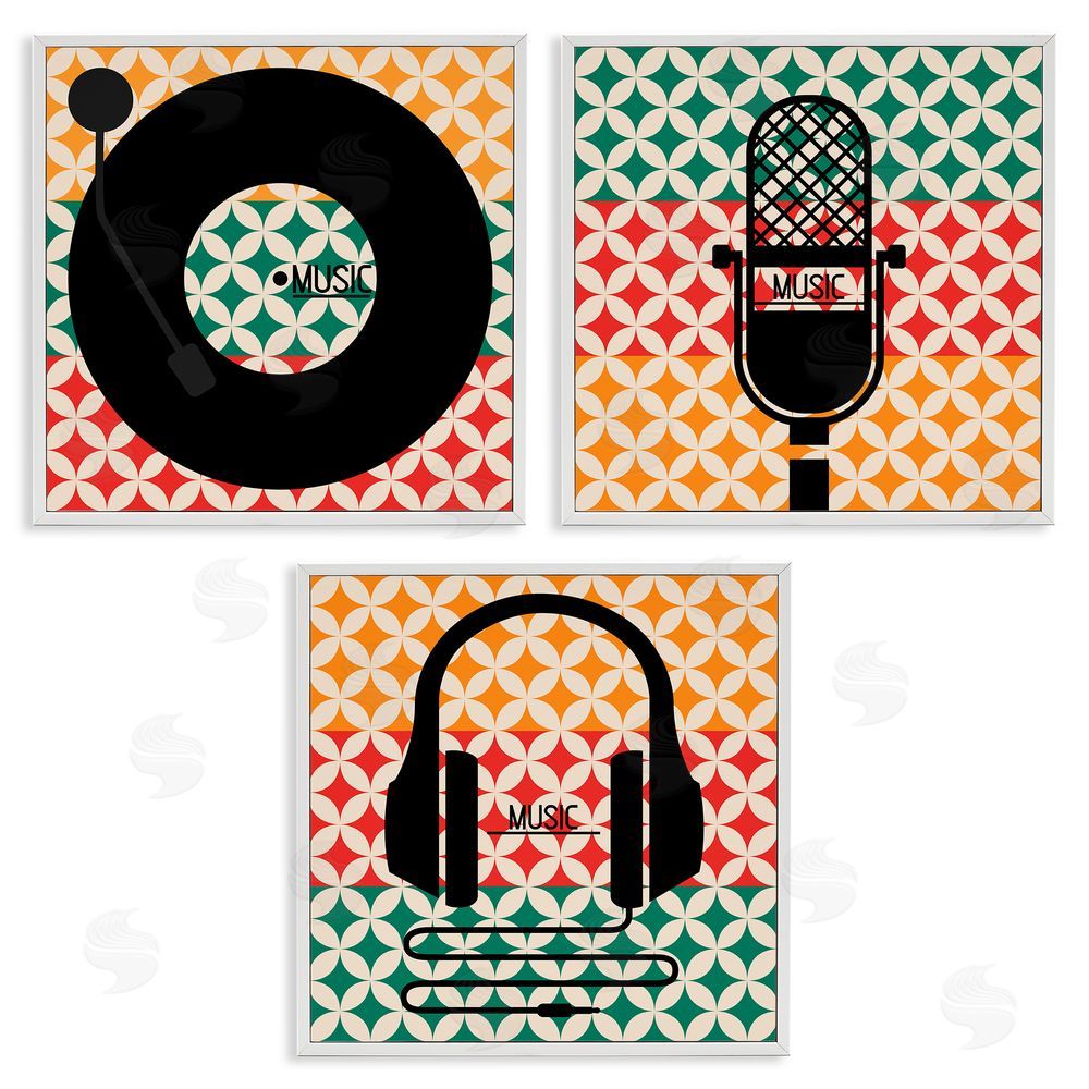 Enrique Rodriguez Iconic Music Symbols Geometric Pattern White Framed Giclee Wall Art Print