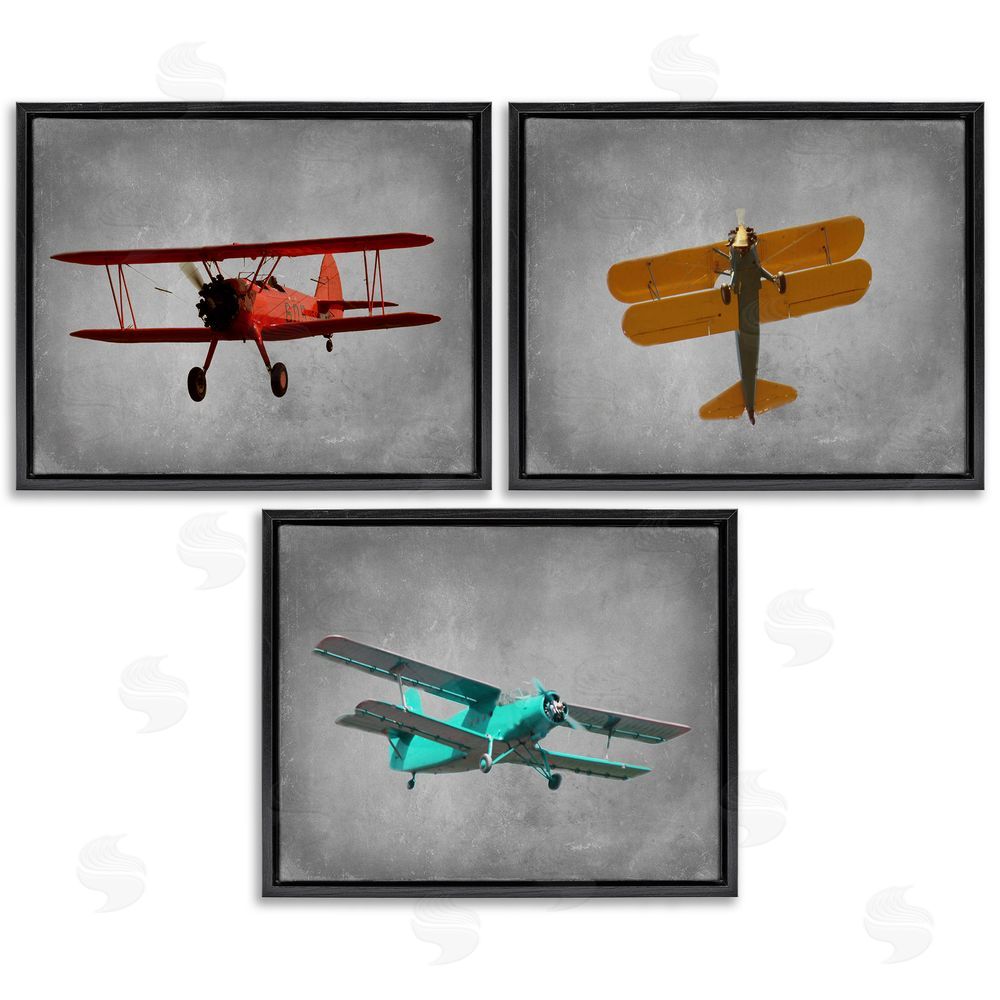 Ashley Calhoun Vintage Airplanes at Flight Red Yellow Blue Black Floating Frame Canvas Wall Art Print