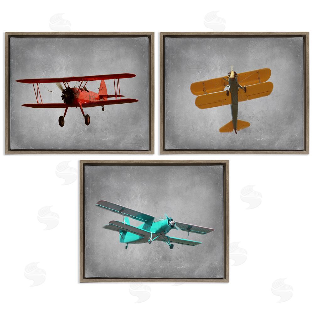 Ashley Calhoun Vintage Airplanes at Flight Red Yellow Blue Brown Floating Frame Canvas Wall Art Print