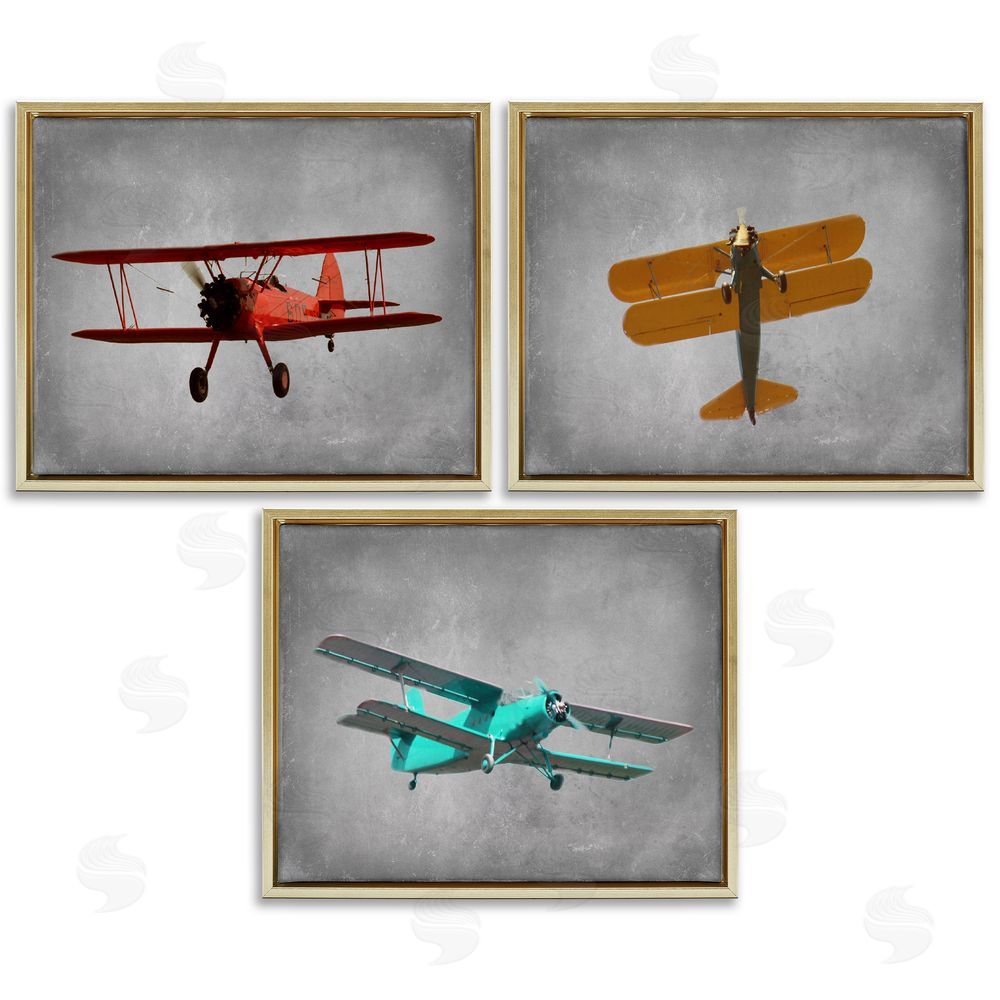 Ashley Calhoun Vintage Airplanes at Flight Red Yellow Blue Gold Floating Frame Canvas Wall Art Print
