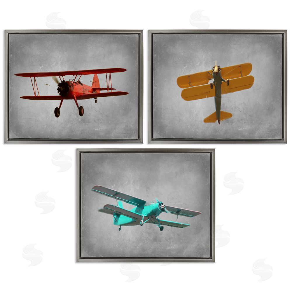 Ashley Calhoun Vintage Airplanes at Flight Red Yellow Blue Gray Floating Frame Canvas Wall Art Print