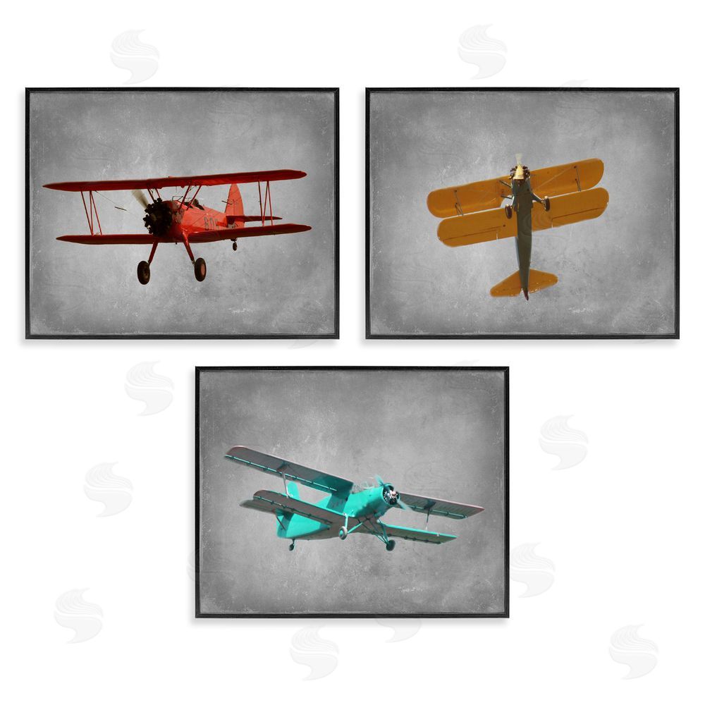 Ashley Calhoun Vintage Airplanes at Flight Red Yellow Blue Black Framed Giclee Wall Art Print