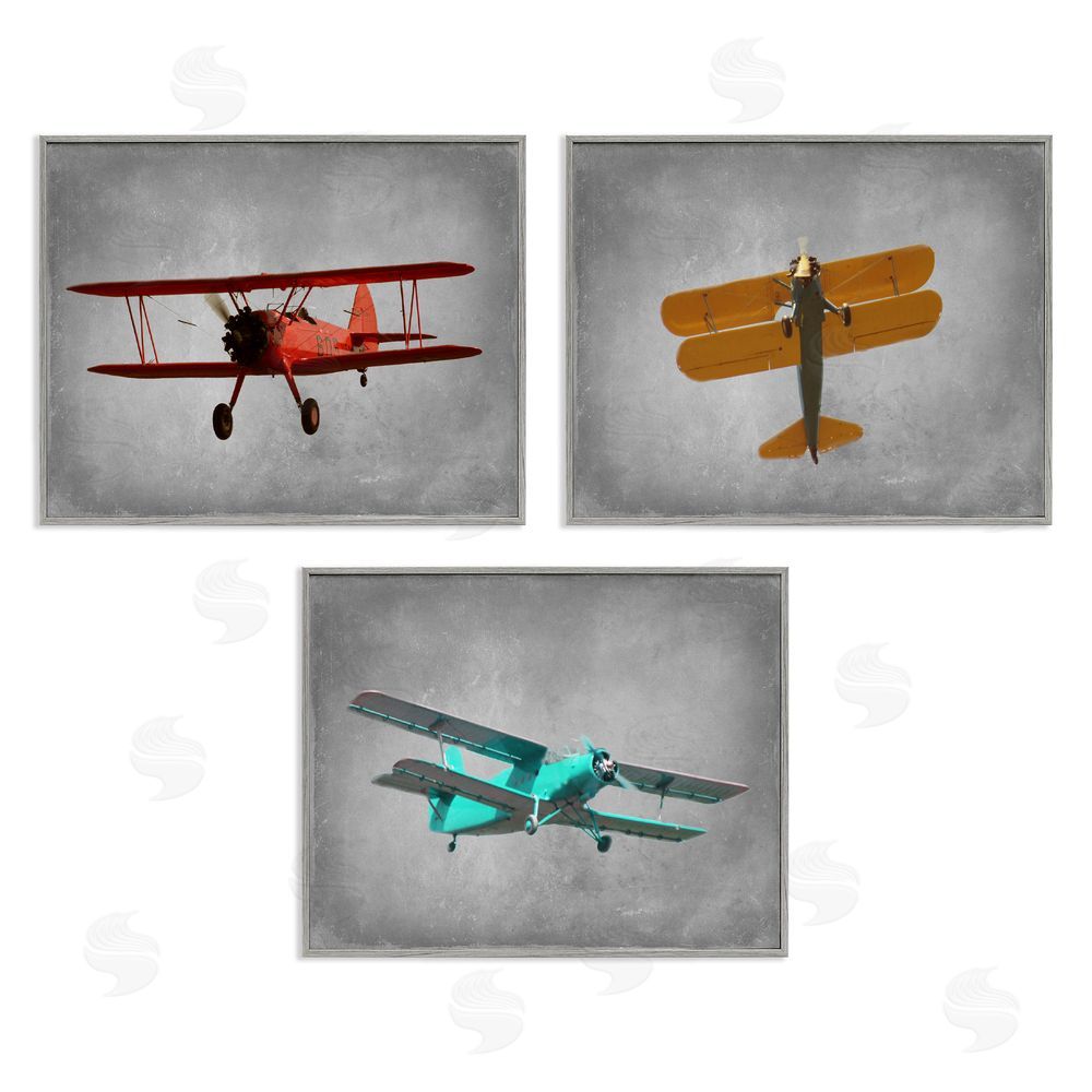 Ashley Calhoun Vintage Airplanes at Flight Red Yellow Blue Gray Framed Giclee Wall Art Print