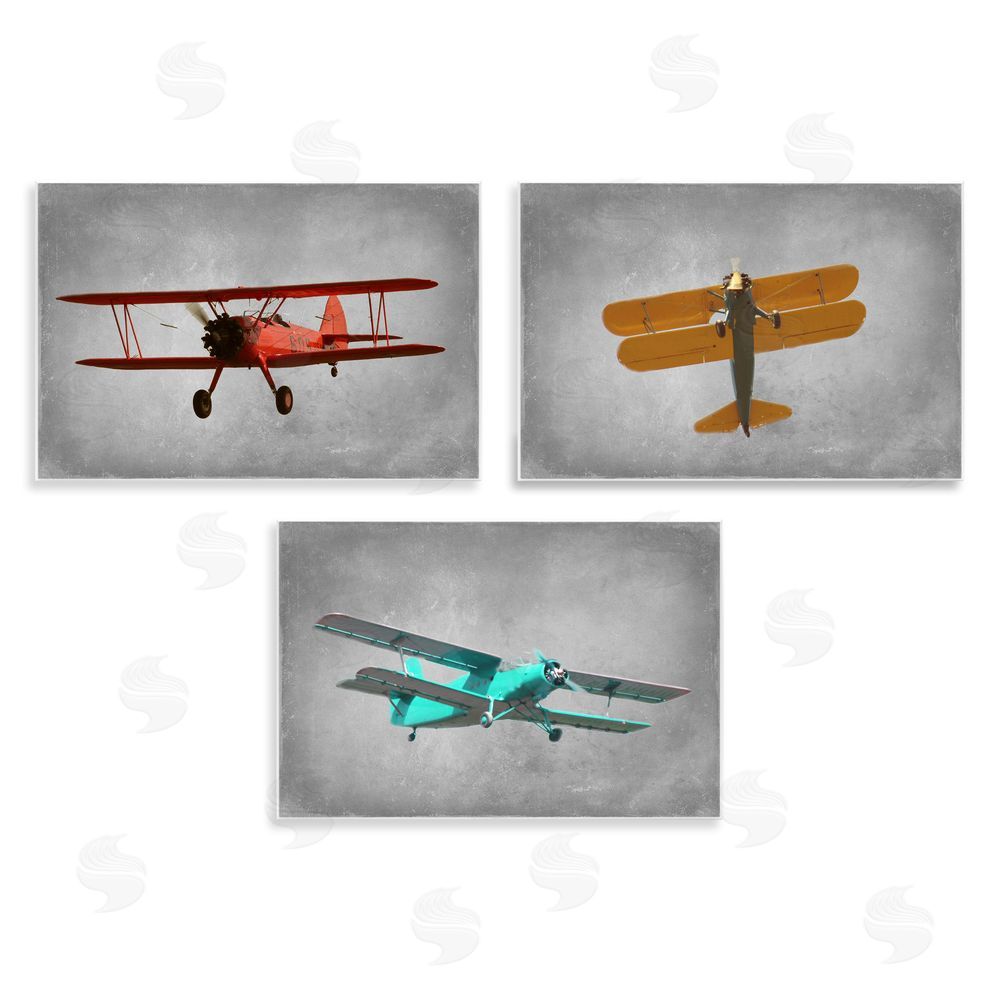 Ashley Calhoun Vintage Airplanes at Flight Red Yellow Blue Wooden Wall Plaque Art Print
