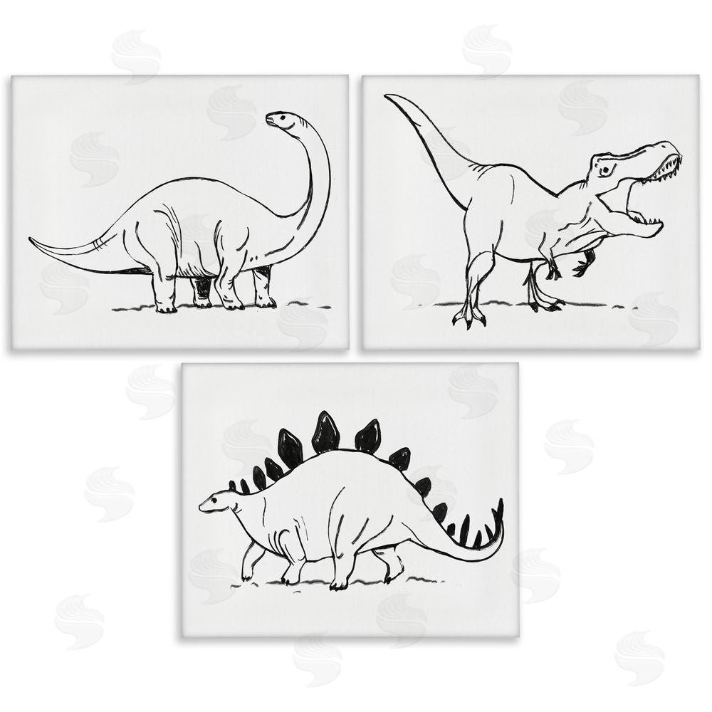 Stupell Studio Dinosaurs Marching Line Drawing Minimal Black White Canvas Wall Art Print