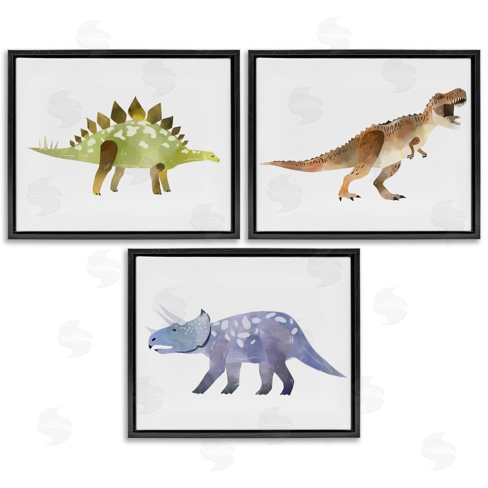 Ziwei Li T-Rex Triceratops and Stegosaurus Dinosaurs Black Floating Frame Canvas Wall Art Print