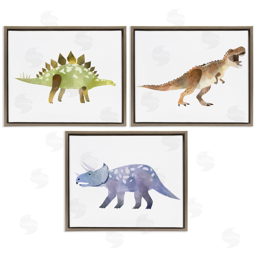 Ziwei Li T-Rex Triceratops and Stegosaurus Dinosaurs Brown Floating Frame Canvas Wall Art Print