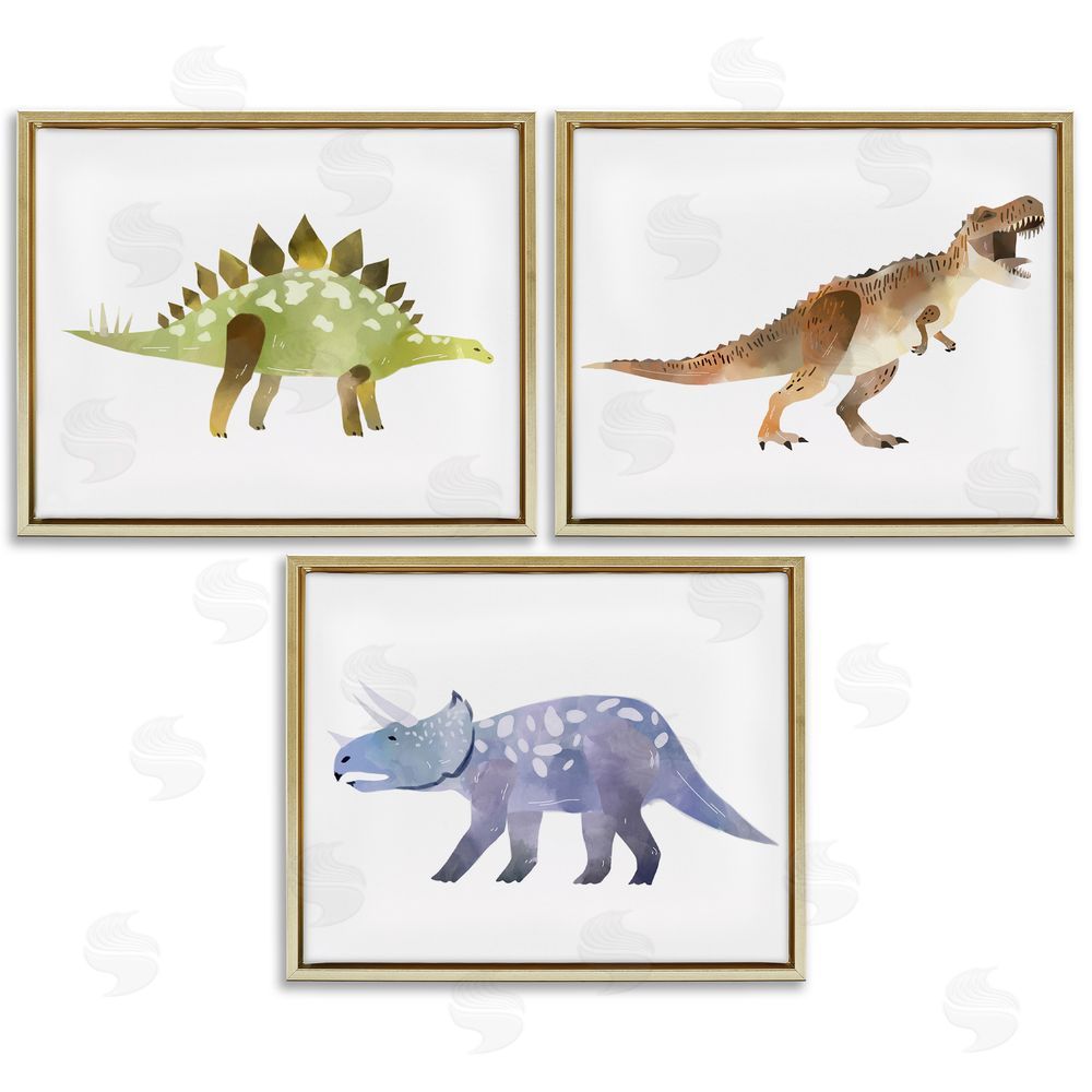 Ziwei Li T-Rex Triceratops and Stegosaurus Dinosaurs Gold Floating Frame Canvas Wall Art Print