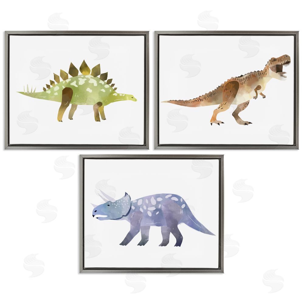 Ziwei Li T-Rex Triceratops and Stegosaurus Dinosaurs Gray Floating Frame Canvas Wall Art Print